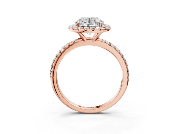 Rose gold Cushion Halo Round Diamond Pavé Band Four-Prong Ring