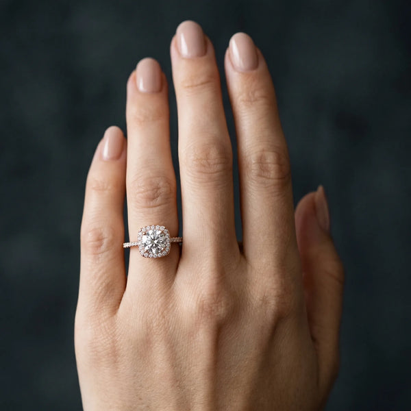 Rose gold Cushion Halo Round Diamond Pave Band Prong Setting Ring