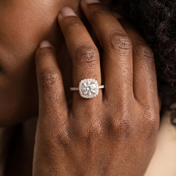 Rose gold Cushion Halo Round Diamond Pave Band Prong Setting Ring