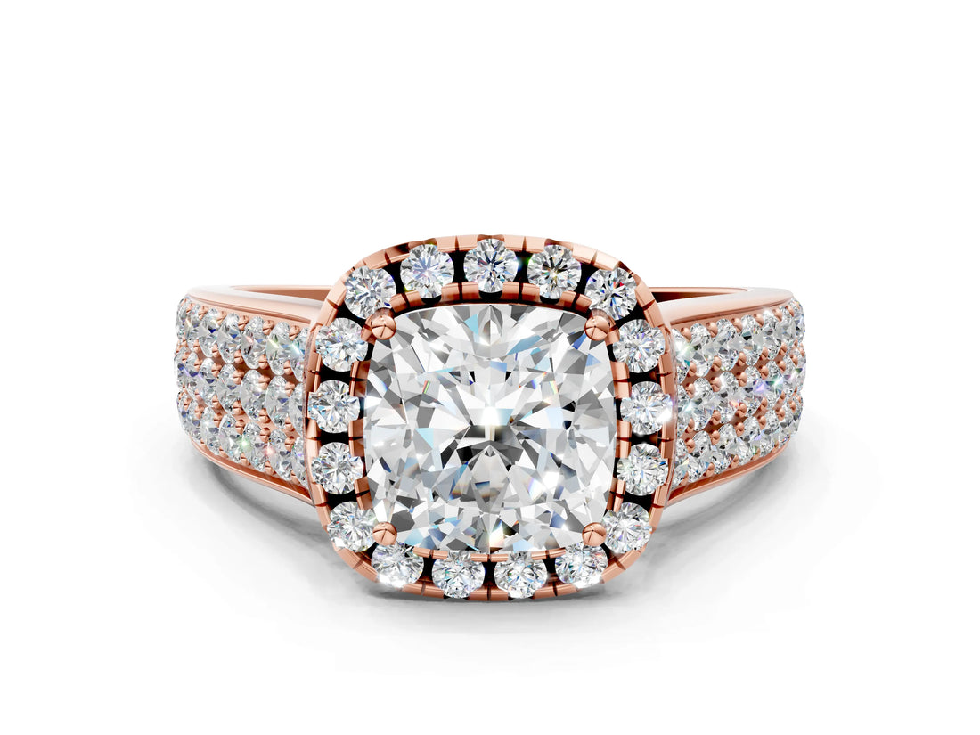 Rose gold Cushion Halo Round Diamond Pave Band with Prong Setting