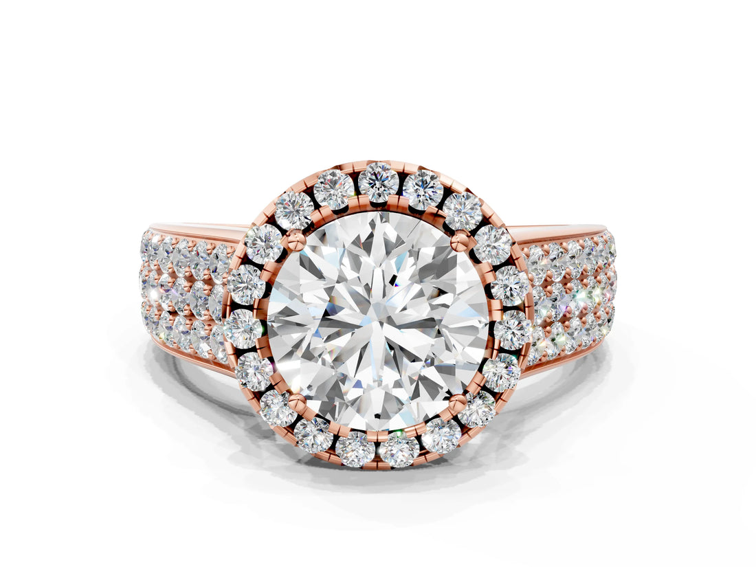 Rose gold Cushion Halo Round Diamond Pave Band with Prong Setting