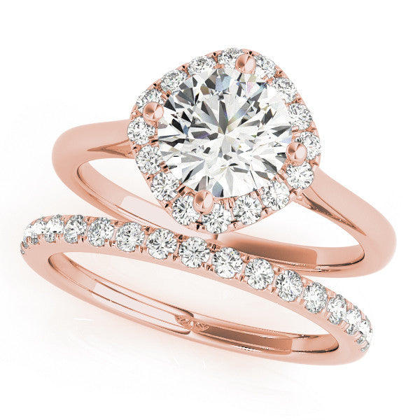 Rose gold Cushion Halo Round Diamond Solitaire Engagement Ring with Pave Band and Four-Prong Setting 1