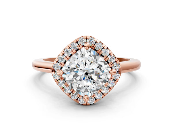 Rose gold Cushion Halo Round Diamond Solitaire Engagement Ring with Pave Band and Four-Prong Setting