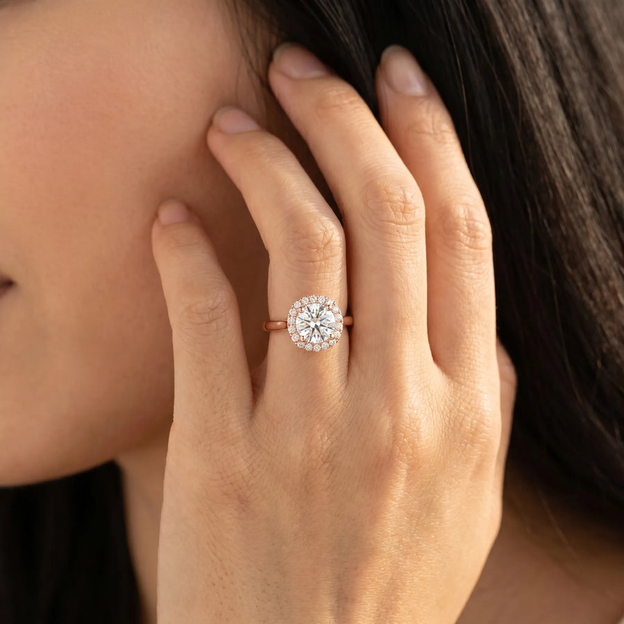 Rose gold Cushion Halo Round Diamond Solitaire Engagement Ring with Pave Band and Four-Prong Setting