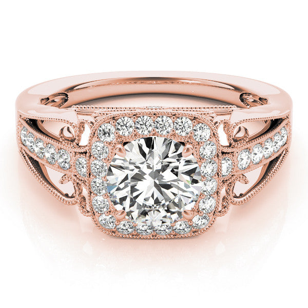 Rose gold Cushion Halo Round Diamond Split Shank Milgrain Ring 1