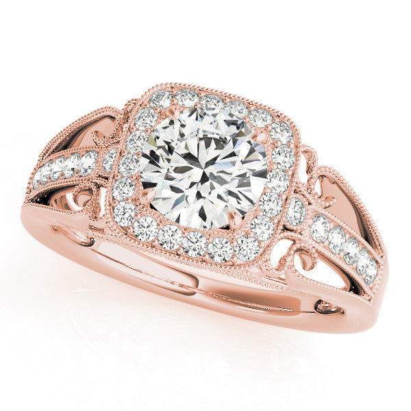 Rose gold Cushion Halo Round Diamond Split Shank Milgrain Ring