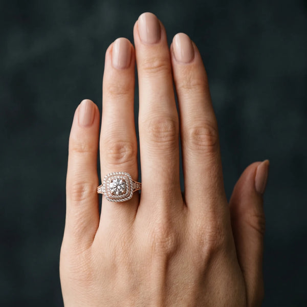 Rose gold Cushion Halo Round Diamond Split Shank Prong Setting Ring