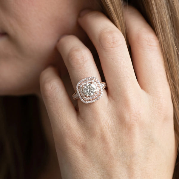Rose gold Cushion Halo Round Diamond Split Shank Prong Setting Ring