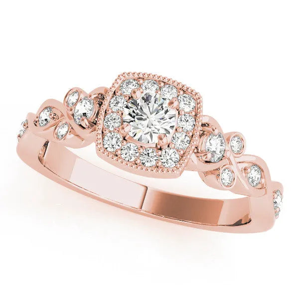 Rose gold Cushion Halo Round Diamond Twisted Band Four-Prong Ring