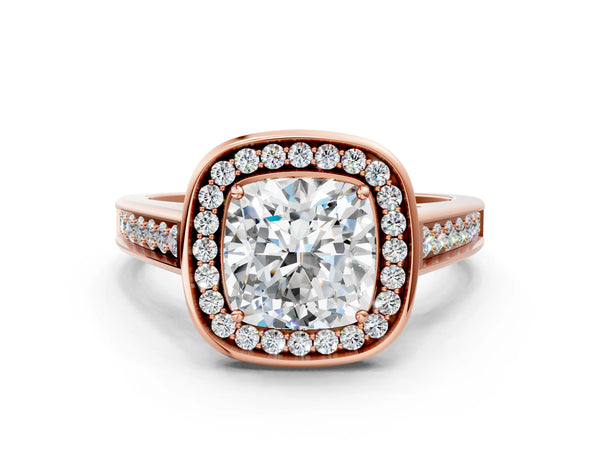 Rose gold Cushion Halo Solitaire Diamond Ring with Pave Band and Bezel Setting
