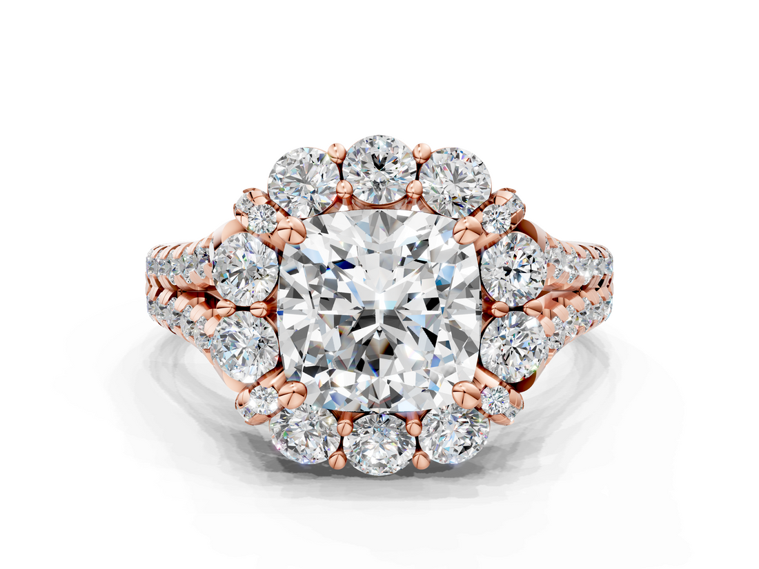 Rose gold Cushion Halo Split Shank Diamond Engagement Ring with Pave Band and Four-Prong Setting_52