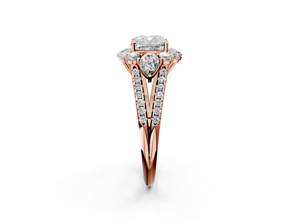 Rose Gold Cushion Cut Scalloped Halo Three Stone Engagement Ring Setting with Pear Side Stones