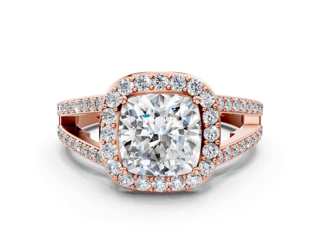 Rose gold Cushion Halo Split Shank Diamond Ring with Four-Prong Setting_36