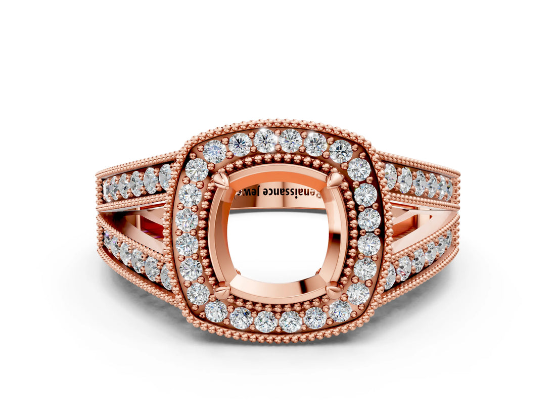 Rose gold Cushion Halo Split Shank Diamond Ring with Milgrain Prong Setting_6