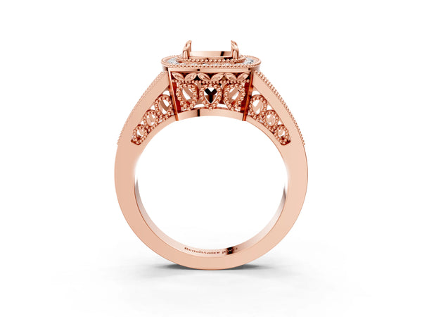 Rose Gold Cushion Cut Vintage Milgrain Halo Engagement Ring Setting with Pave Split Shank