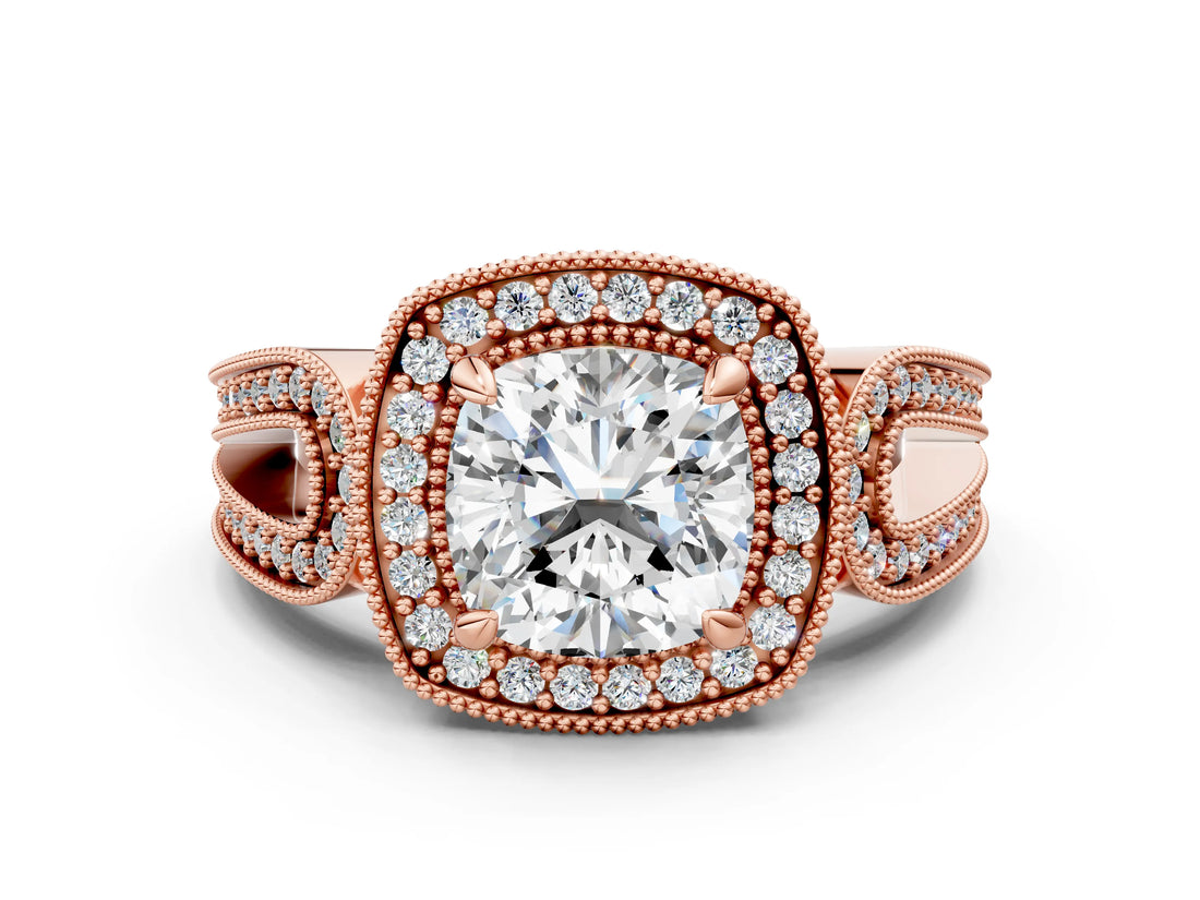 Rose gold Cushion Halo Split Shank Milgrain Diamond Ring_18