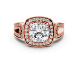 Rose gold Cushion Halo Split Shank Milgrain Diamond Ring_18