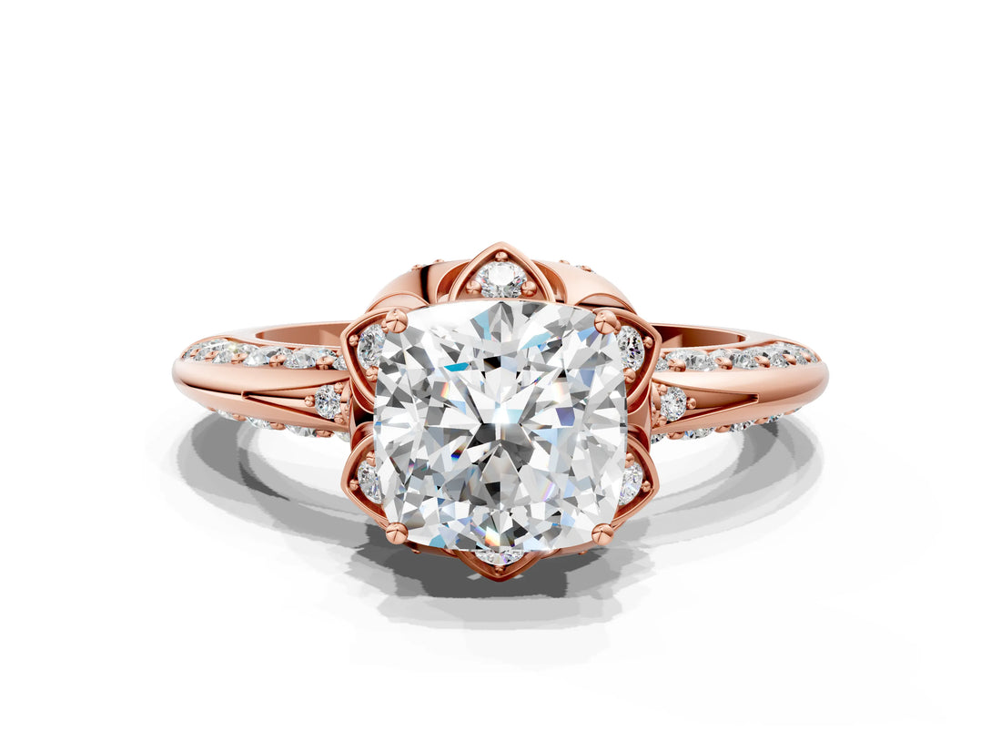 Rose gold Cushion Halo Split Shank Pave Diamond Ring with Petal Prong Setting_27