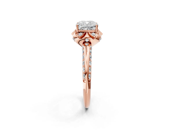 Rose Gold Cushion Cut Petal Head Floral Halo Engagement Ring Setting