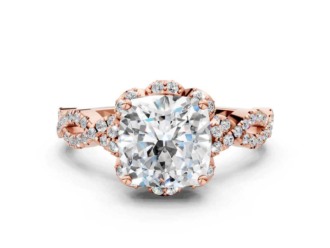 Rose gold Cushion Halo Twist Band Solitaire Ring with Six-Prong Setting_32
