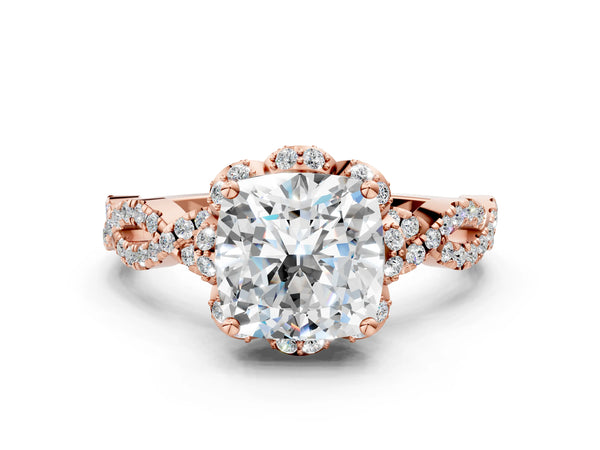 Rose gold Cushion Halo Twist Band Solitaire Ring with Six-Prong Setting
