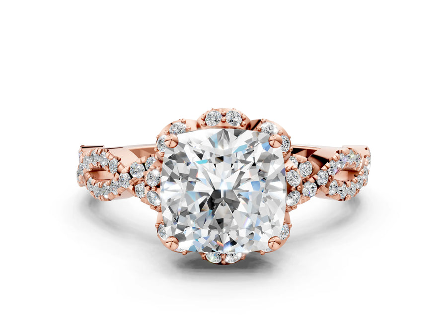 Rose gold Cushion Halo Twist Band Solitaire Ring with Six-Prong Setting