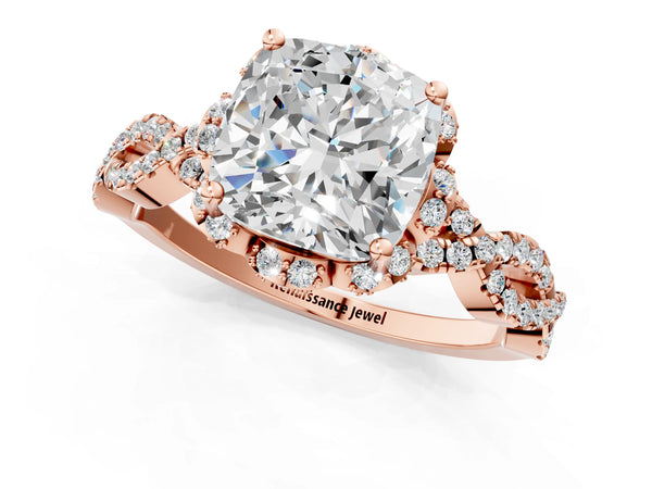 Rose gold Cushion Halo Twist Band Solitaire Ring with Six-Prong Setting