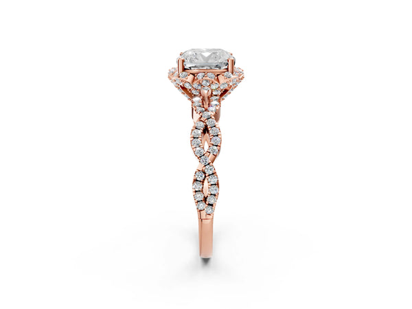 Rose gold Cushion Halo Twist Band Solitaire Ring with Six-Prong Setting