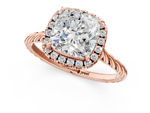 Rose gold Cushion Halo Twisted Band Four-Prong Diamond Ring