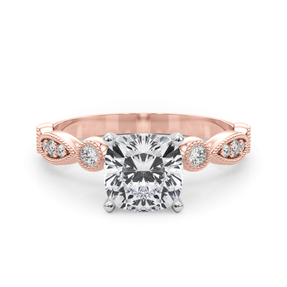 Rose gold Cushion Milgrain Bezel Diamond Engagement Ring with Solitaire Prong Setting 1
