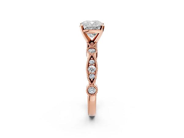 Rose Gold Cushion Cut Vintage Solitaire Engagement Ring Setting with Milgrain Bezel Accent Band