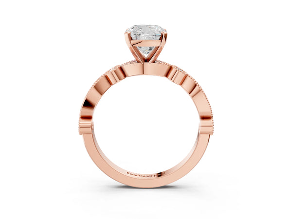 Rose Gold Cushion Cut Vintage Solitaire Engagement Ring Setting with Milgrain Bezel Accent Band
