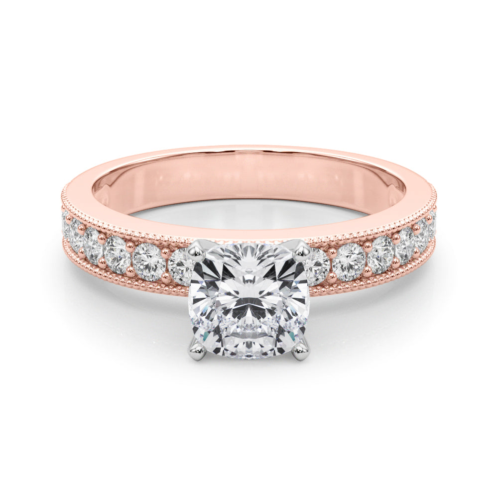 Rose gold Cushion Milgrain Pave Diamond Engagement Ring with Four-Prong Setting 1