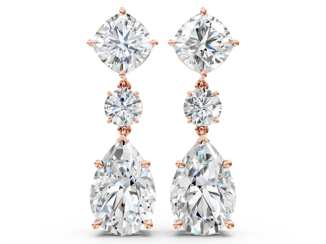 Rose gold Cushion, Round and Pear Diamond Three-Stone Drop Earrings