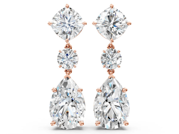 Rose gold Cushion, Round and Pear Diamond Three-Stone Drop Earrings