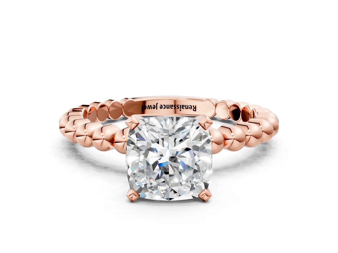 Rose gold Cushion Solitaire Beaded Band Prong Setting Ring