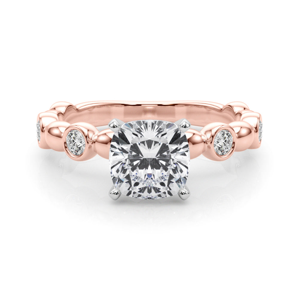 Rose gold Cushion Solitaire Bezel-Set Diamond Ring with Beaded Band and Four-Prong Setting 1