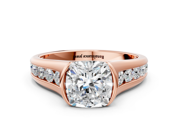Rose gold Cushion Solitaire Bezel-Set Diamond Ring with Channel-Set Band