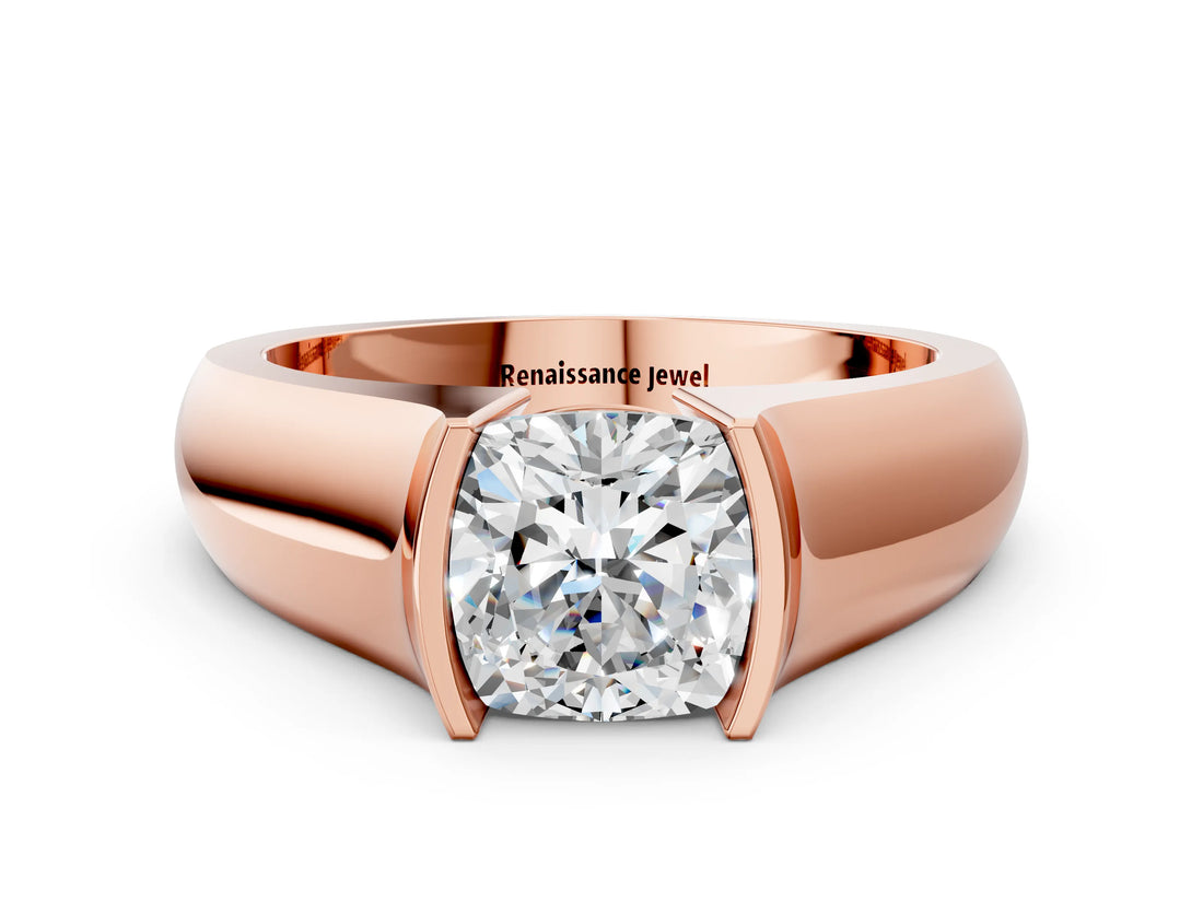 Rose gold Cushion Solitaire Bezel Set Diamond Ring with Wide Band_3
