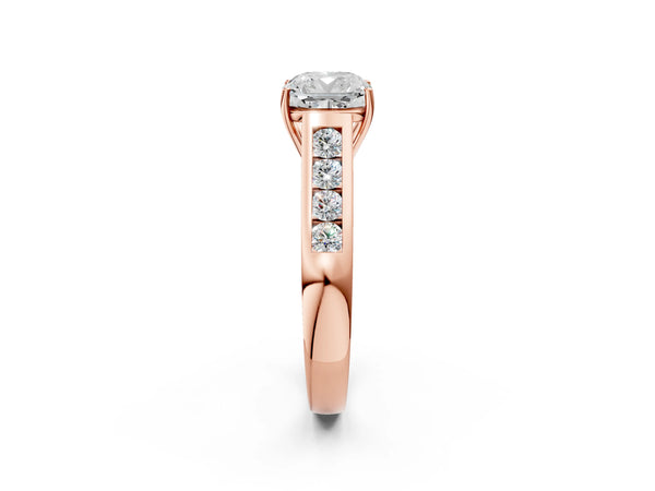 Rose Gold Cushion Cut Cathedral Channel Set Engagement Ring Setting with Round Side Stones