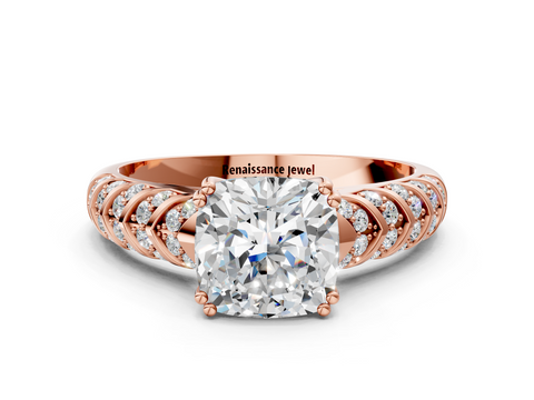 Rose gold Cushion Solitaire Chevron Pave Diamond Engagement Ring with Six-Prong Setting_3