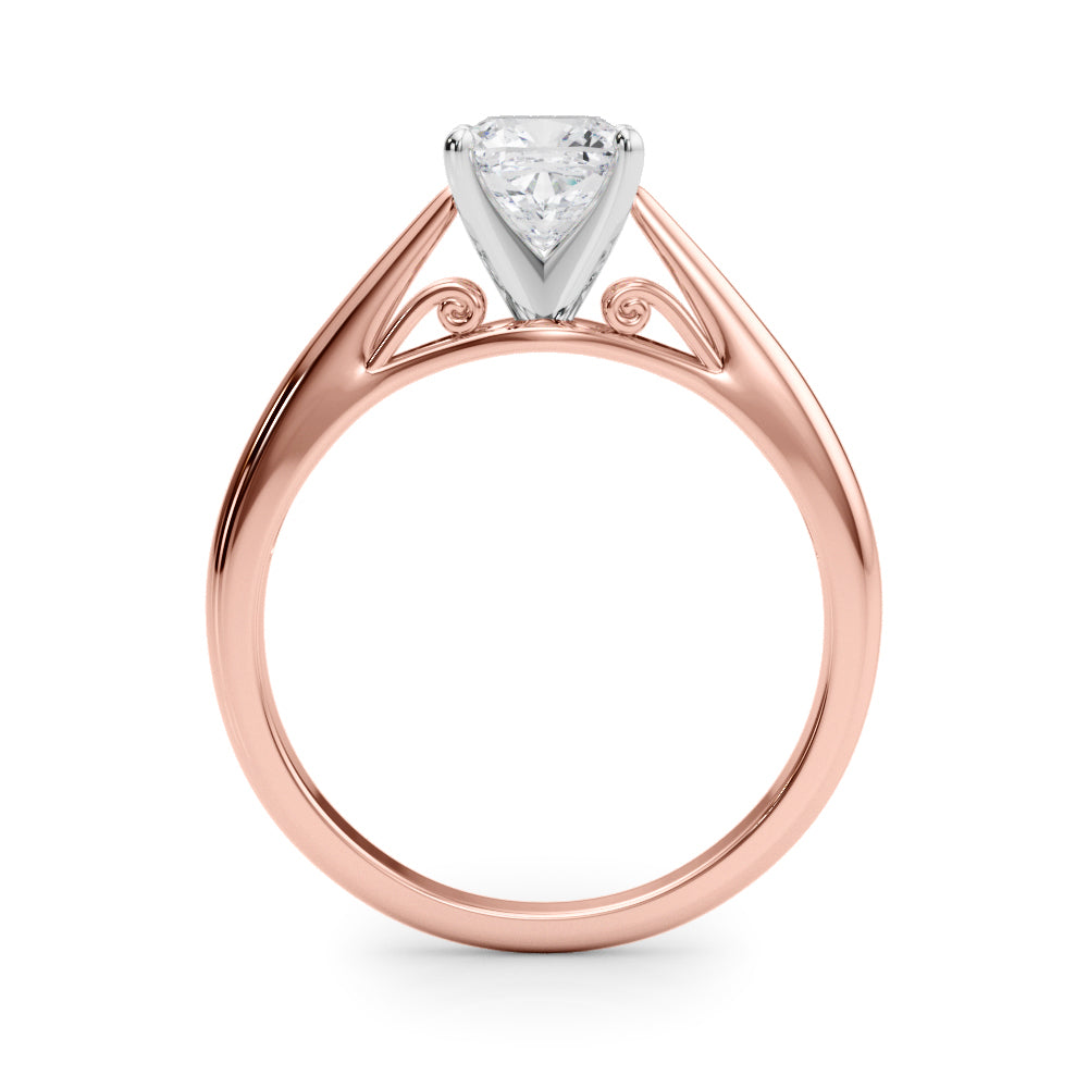 Rose gold Cushion Solitaire Diamond Engagement Ring with Cathedral Setting and Four-Prong Mount on a Classic Band 2