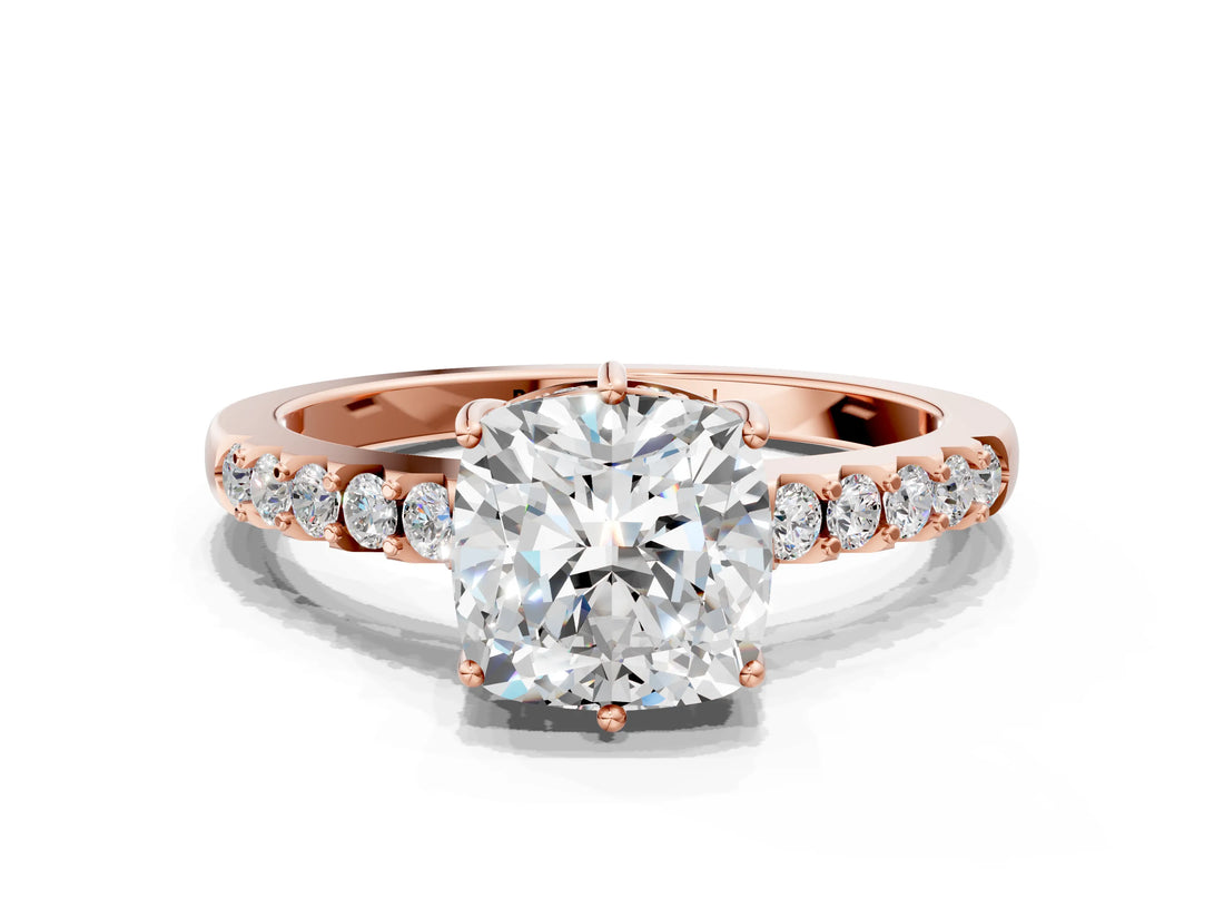 Rose gold Cushion Solitaire Diamond Engagement Ring with Pavé Band and Six-Prong Setting_27
