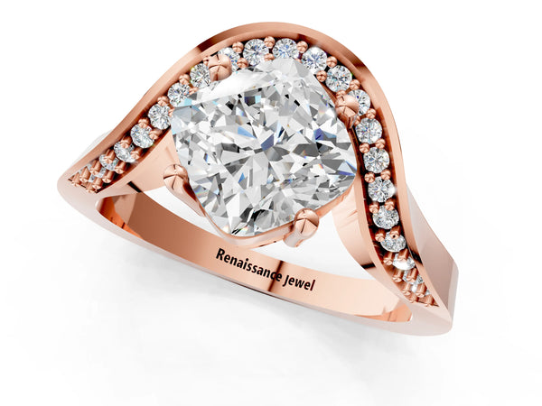 Rose gold Cushion Solitaire Diamond Engagement Ring with Pave Band and Four-Prong Setting