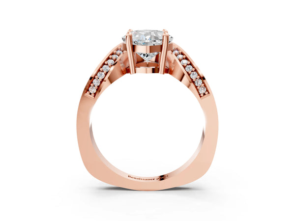 Rose gold Cushion Solitaire Diamond Engagement Ring with Pave Band and Four-Prong Setting