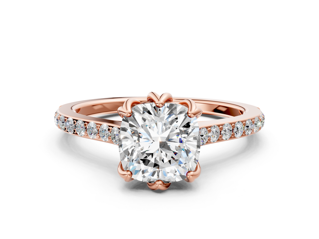 Rose gold Cushion Solitaire Diamond Engagement Ring with Pave Band and Six-Prong Setting_41