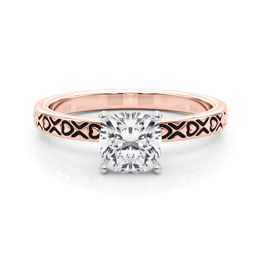 Rose gold Cushion Solitaire Diamond Engagement Ring with XO Engraved Band and Four-Prong Setting 1