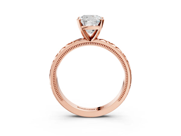 Rose gold Cushion Solitaire Diamond Engagement Ring with XO Engraved Band and Four-Prong Setting