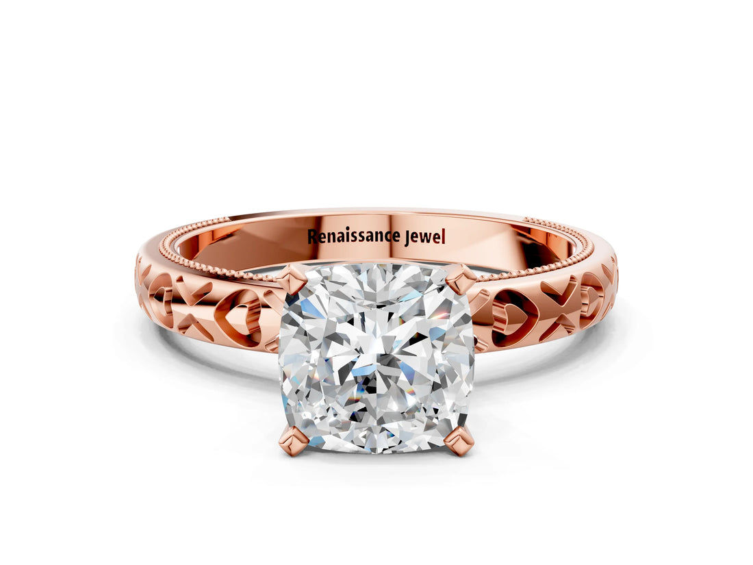 Rose gold Cushion Solitaire Diamond Engagement Ring with XO Engraved Band and Four-Prong Setting 4