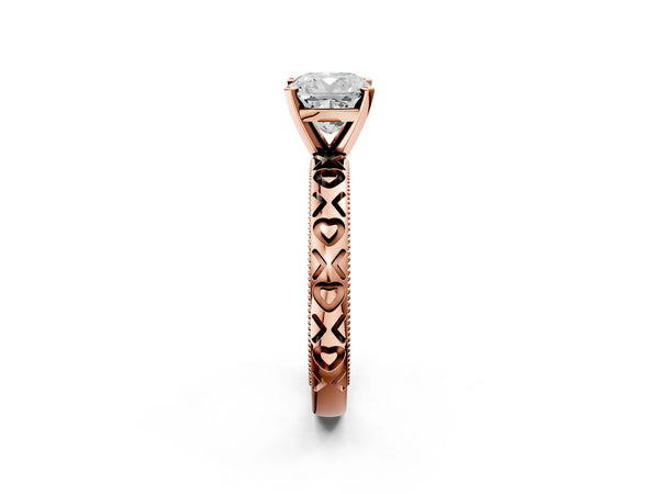 Rose gold Cushion Solitaire Diamond Engagement Ring with XO Engraved Band and Four-Prong Setting